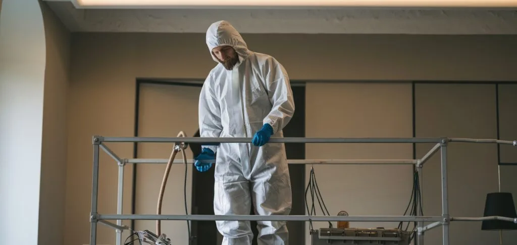 Pulvérisation de produit désinfectant homologué contre microbes et bactéries